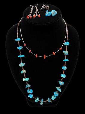 Vintage -Turquoise and Coral Stone SS Necklace & Earring Sets - Women Jewelry